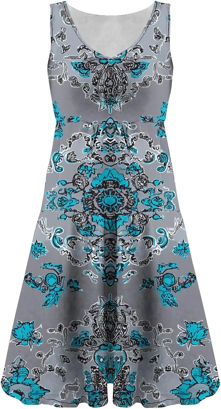 Women Floral Tiered Ruffle Mini Sundress Summer Sleeveless Crewneck A-Line Dresses Flowy Casual Beach Vacation Dress