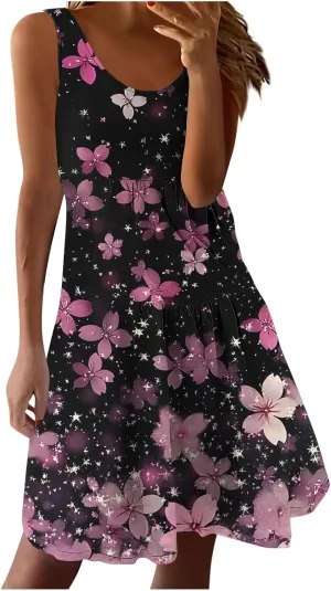 Women Floral Tiered Ruffle Mini Sundress Summer Sleeveless Crewneck A-Line Dresses Flowy Casual Beach Vacation Dress
