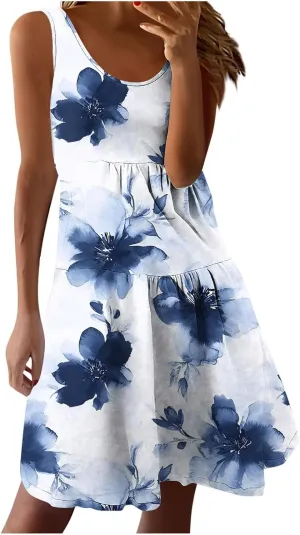 Women Floral Tiered Ruffle Mini Sundress Summer Sleeveless Crewneck A-Line Dresses Flowy Casual Beach Vacation Dress