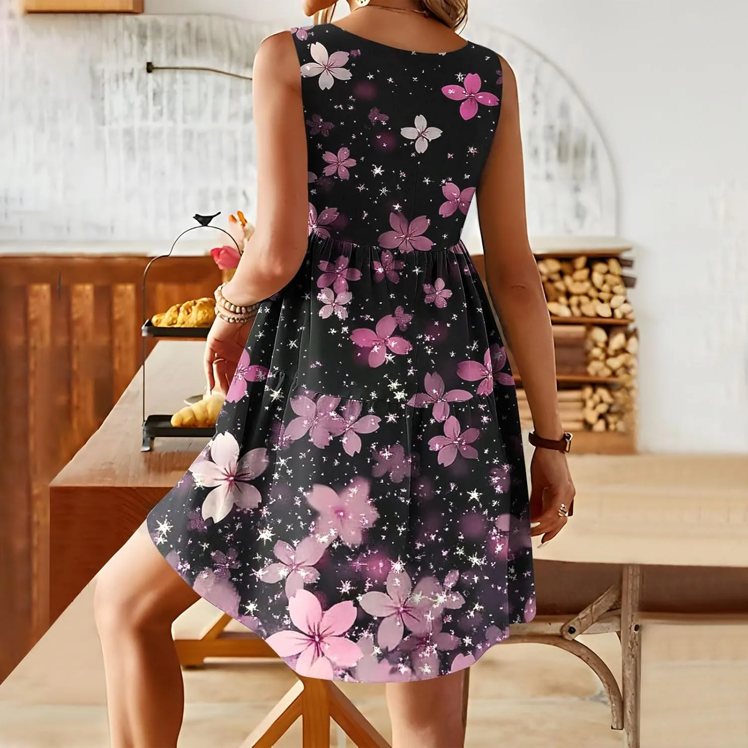 Women Floral Tiered Ruffle Mini Sundress Summer Sleeveless Crewneck A-Line Dresses Flowy Casual Beach Vacation Dress