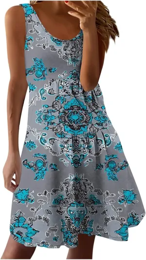 Women Floral Tiered Ruffle Mini Sundress Summer Sleeveless Crewneck A-Line Dresses Flowy Casual Beach Vacation Dress