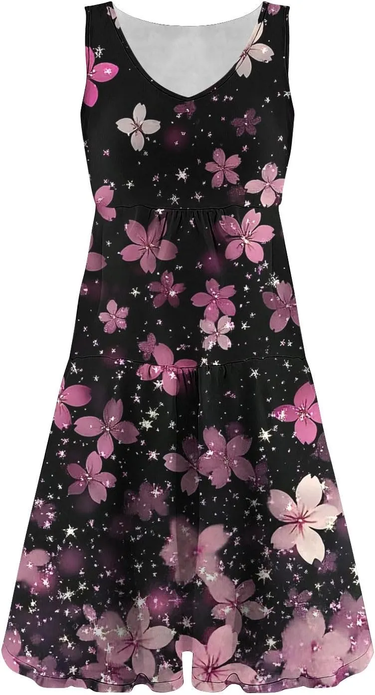 Women Floral Tiered Ruffle Mini Sundress Summer Sleeveless Crewneck A-Line Dresses Flowy Casual Beach Vacation Dress