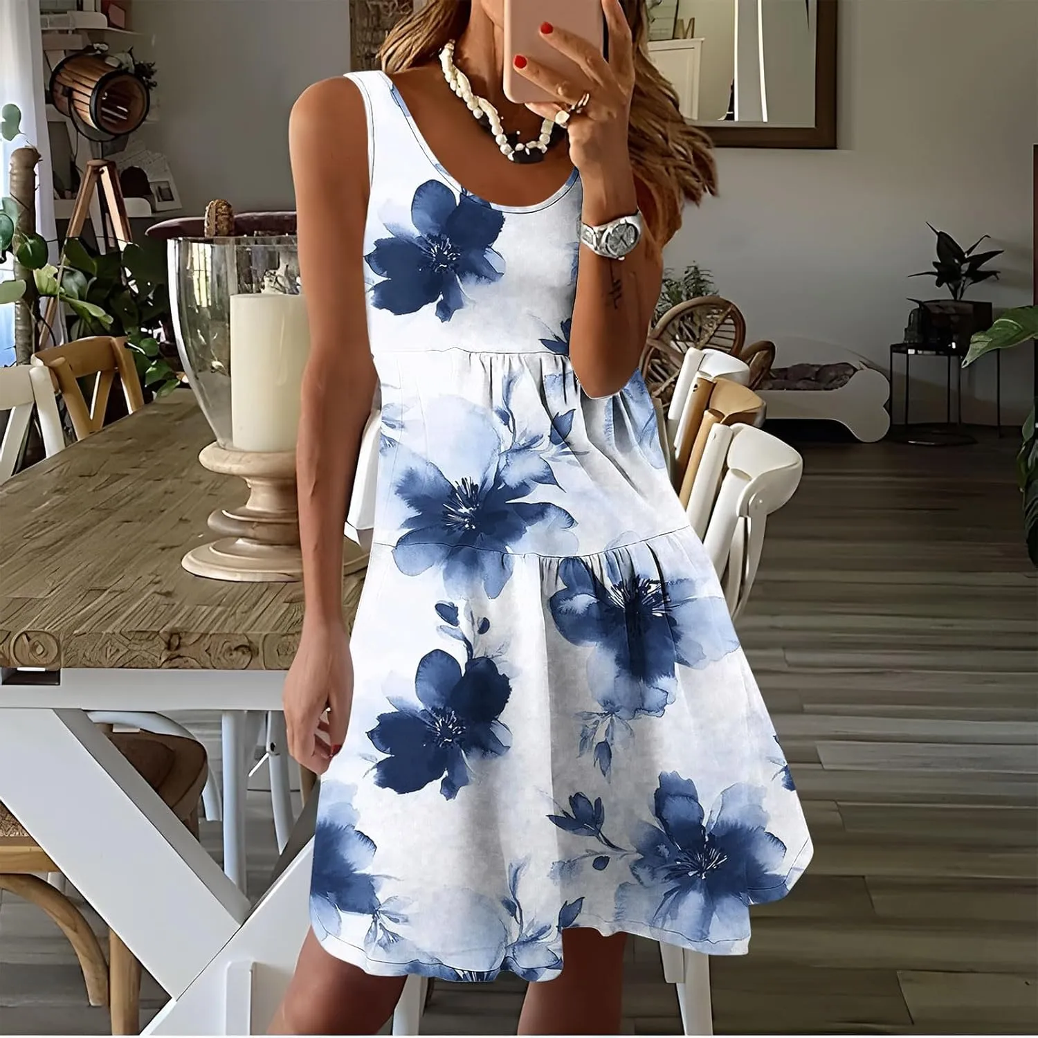 Women Floral Tiered Ruffle Mini Sundress Summer Sleeveless Crewneck A-Line Dresses Flowy Casual Beach Vacation Dress