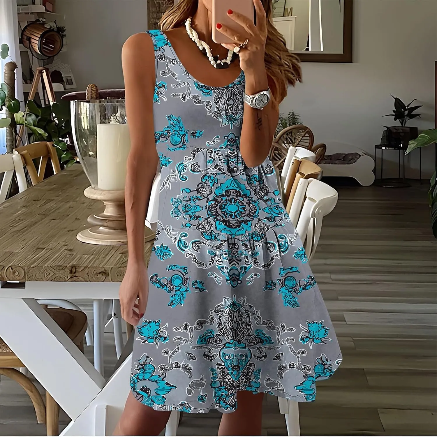 Women Floral Tiered Ruffle Mini Sundress Summer Sleeveless Crewneck A-Line Dresses Flowy Casual Beach Vacation Dress