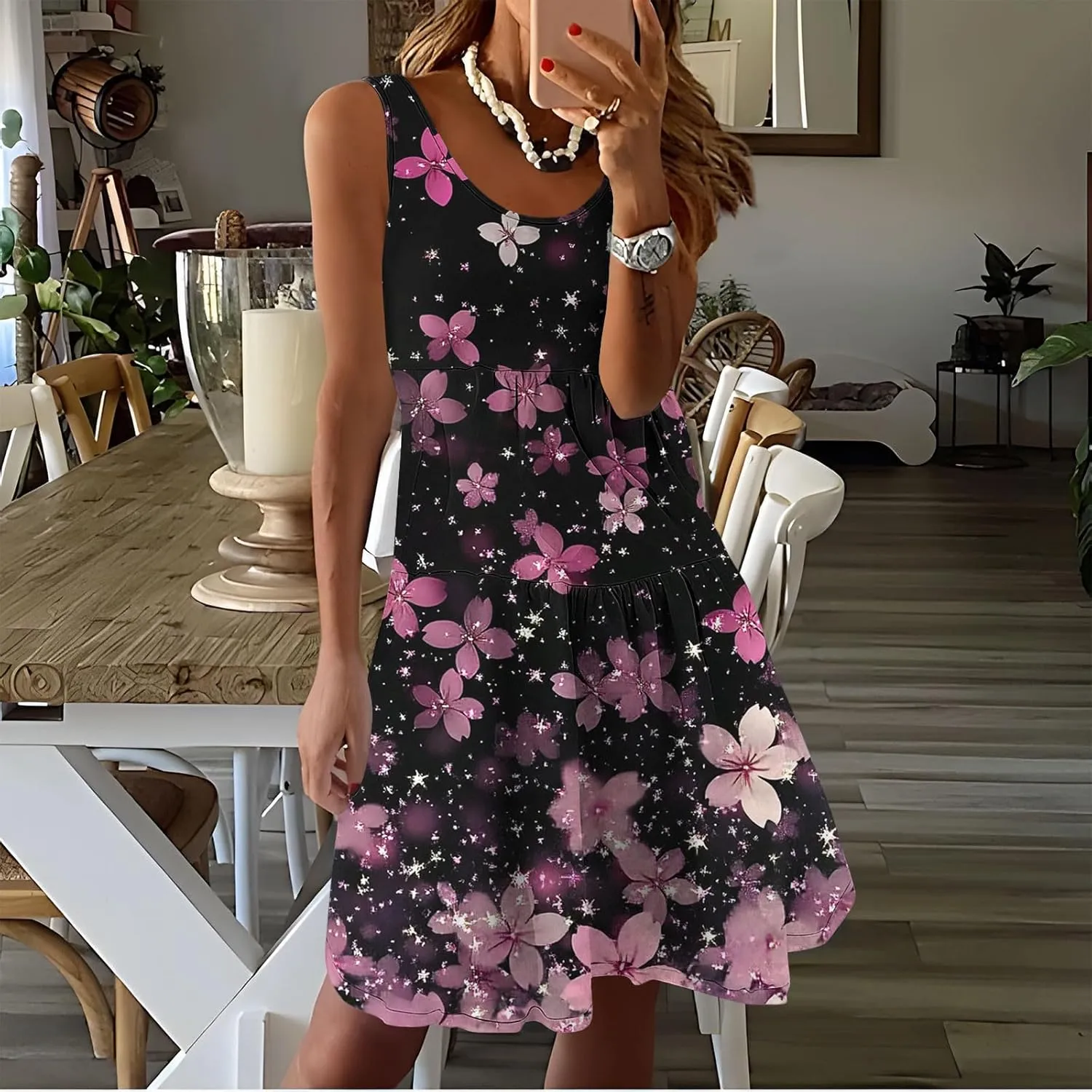 Women Floral Tiered Ruffle Mini Sundress Summer Sleeveless Crewneck A-Line Dresses Flowy Casual Beach Vacation Dress