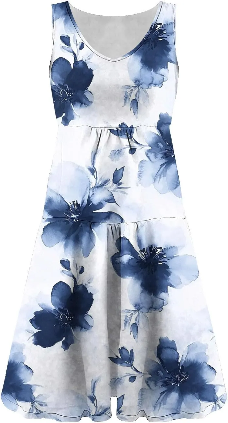 Women Floral Tiered Ruffle Mini Sundress Summer Sleeveless Crewneck A-Line Dresses Flowy Casual Beach Vacation Dress