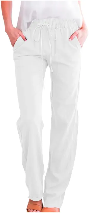 Women Linen Pant Straight Leg Drawstrings High Waist Trousers 2025 Summer Casual Lightweight Breathable Joggers Pants