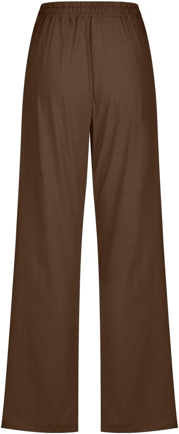Women Linen Pant Straight Leg Drawstrings High Waist Trousers 2025 Summer Casual Lightweight Breathable Joggers Pants