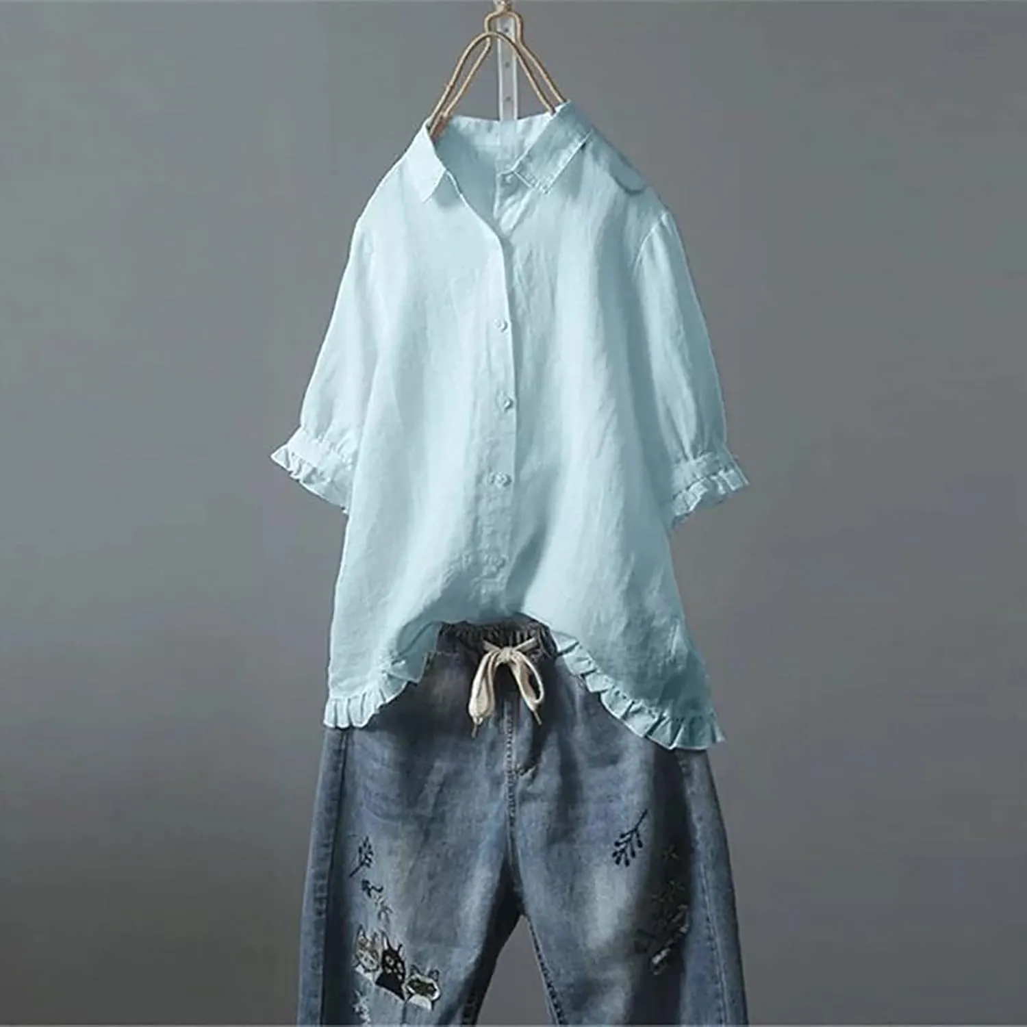 Women Linen Shirts Summer Cotton Linen Plain Long Sleeve T-Shirts Casual Plus Size Basic Crew Neck Tshirts