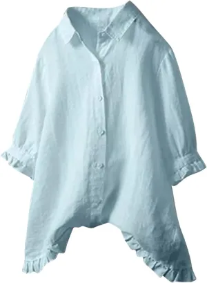 Women Linen Shirts Summer Cotton Linen Plain Long Sleeve T-Shirts Casual Plus Size Basic Crew Neck Tshirts