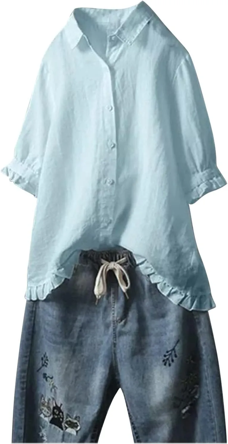 Women Linen Shirts Summer Cotton Linen Plain Long Sleeve T-Shirts Casual Plus Size Basic Crew Neck Tshirts