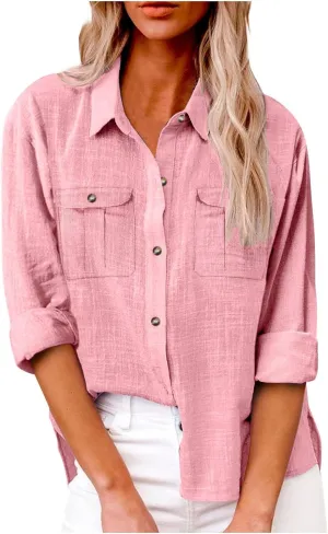 Women Linen Shirts V Neck Button Blouses Bohemian 2024 Summer Tops Short Sleeve Loose Fit T-Shirts
