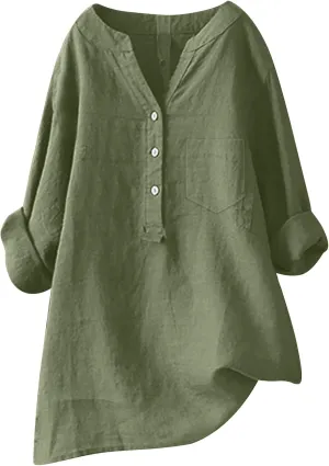 Women Linen Shirts V-Neck Button Down Blouse Collared Soft Tee Tops Short Sleeve Loose Shirts