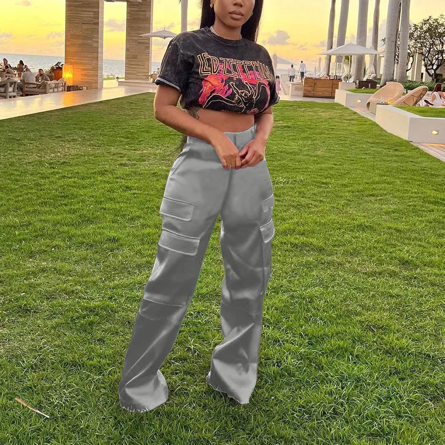 Women Satin Cargo Pants High Waisted Dressy Wide Leg Trousers Fall Casual Loose Fit Straight Long Pant Multi Pockets