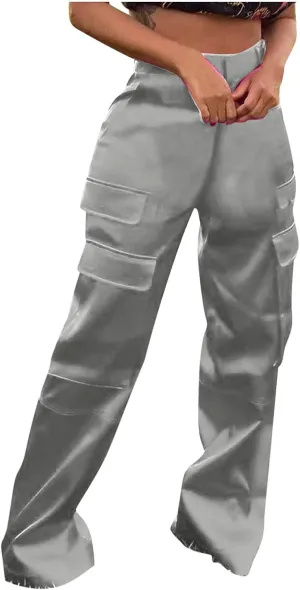 Women Satin Cargo Pants High Waisted Dressy Wide Leg Trousers Fall Casual Loose Fit Straight Long Pant Multi Pockets