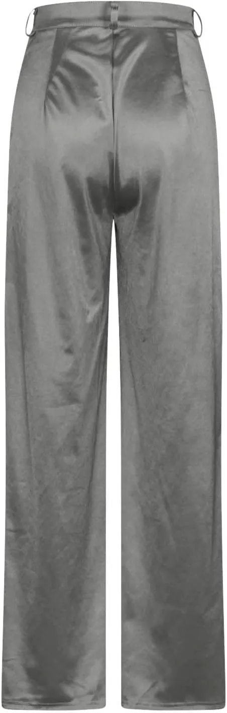 Women Satin Cargo Pants High Waisted Dressy Wide Leg Trousers Fall Casual Loose Fit Straight Long Pant Multi Pockets