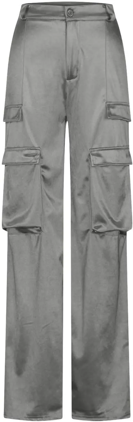 Women Satin Cargo Pants High Waisted Dressy Wide Leg Trousers Fall Casual Loose Fit Straight Long Pant Multi Pockets