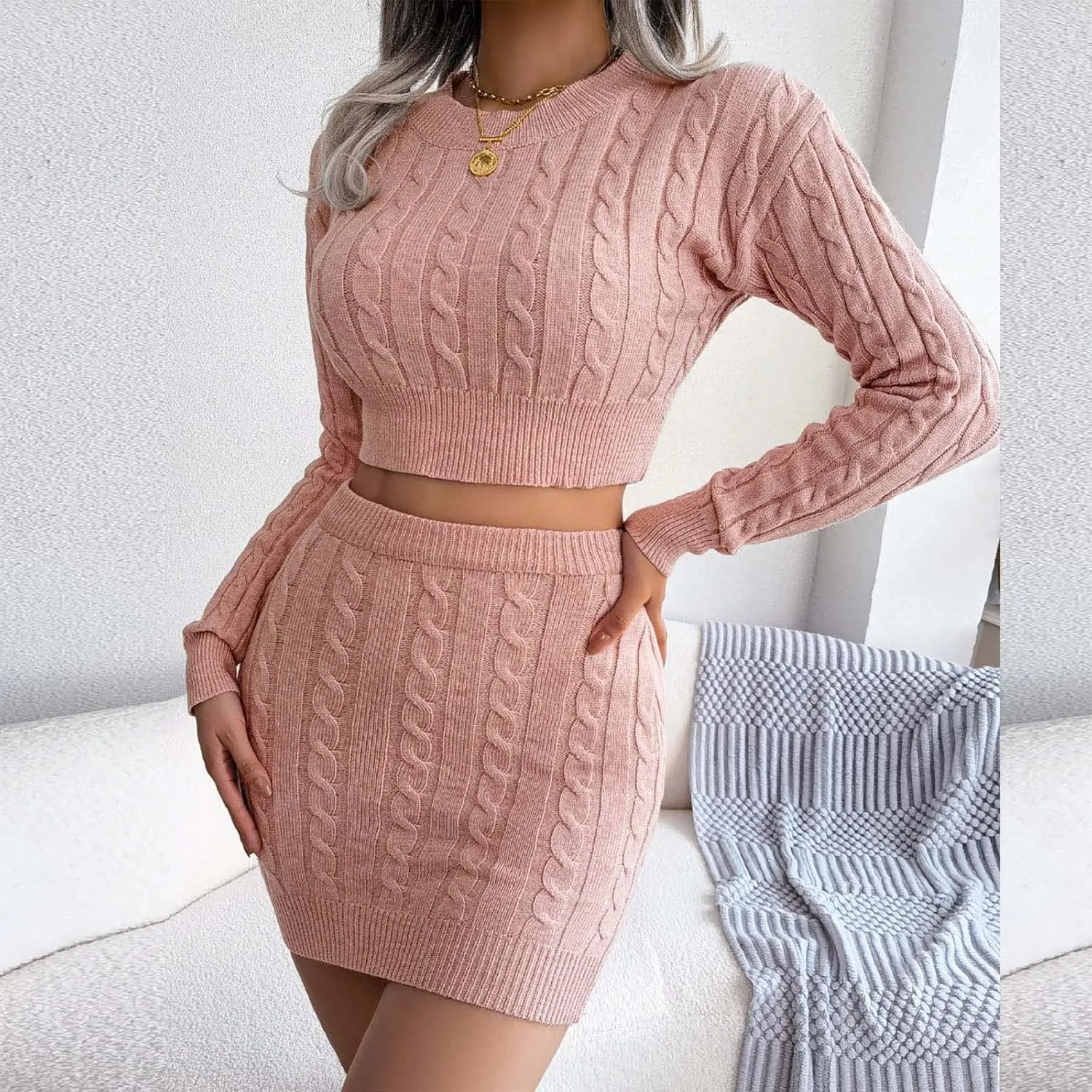Women Sexy Bodycon Sweater, Mini Skirt Set 2 Piece Cable Knit Pullover Cropped Sweaters Tops Outfit Long Sleeve Jumper