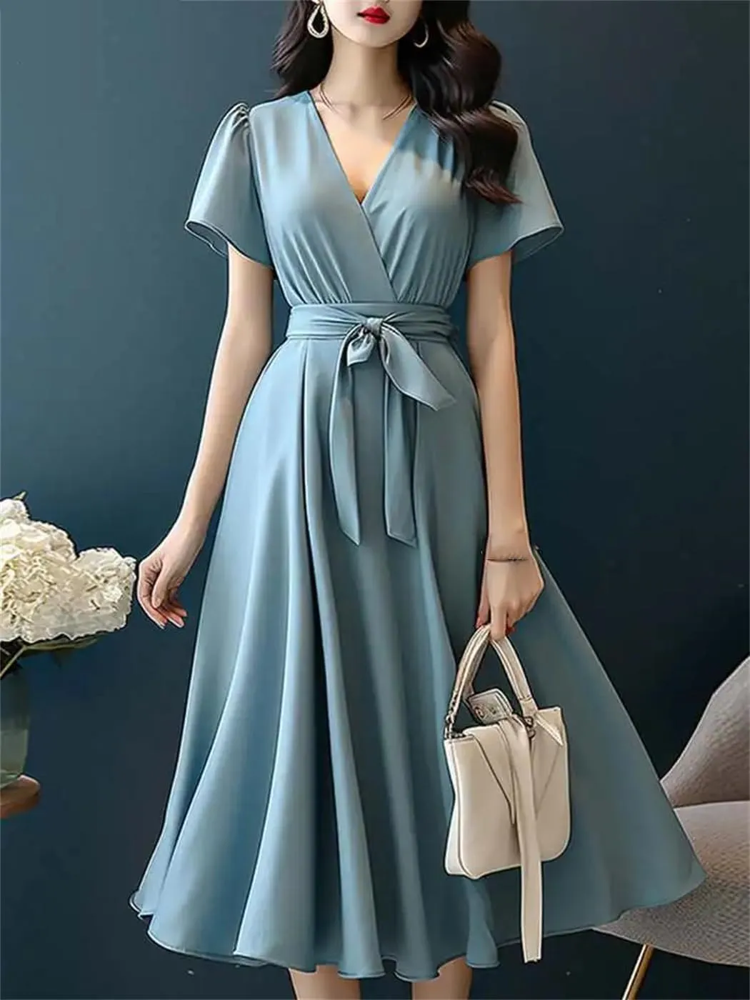 Women Short Sleeve A-Line Dresses Fashion Solid Color Holiday Belted Vestidos V Neck Midi Sundress