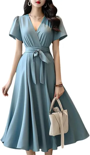 Women Short Sleeve A-Line Dresses Fashion Solid Color Holiday Belted Vestidos V Neck Midi Sundress
