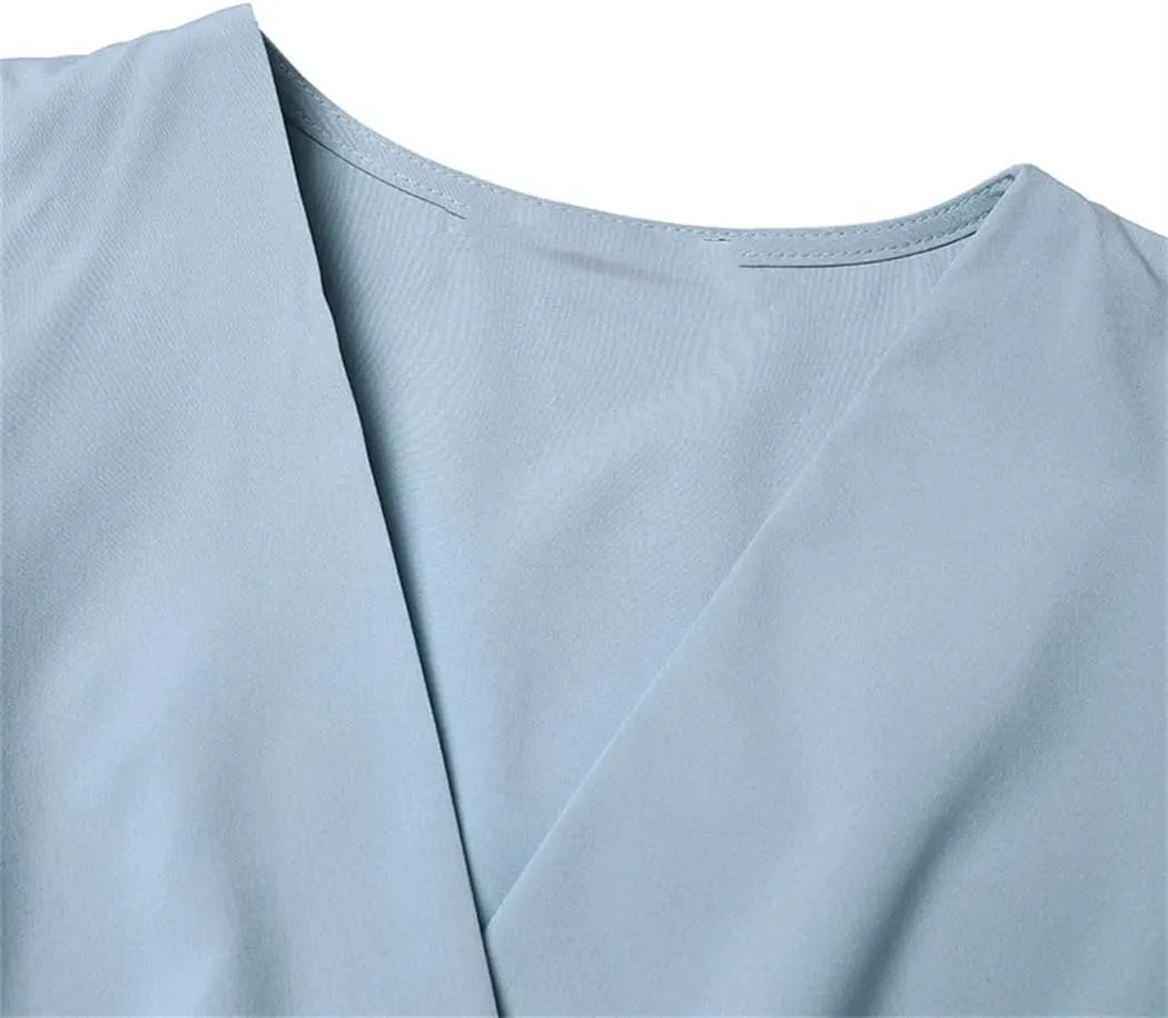 Women Short Sleeve A-Line Dresses Fashion Solid Color Holiday Belted Vestidos V Neck Midi Sundress