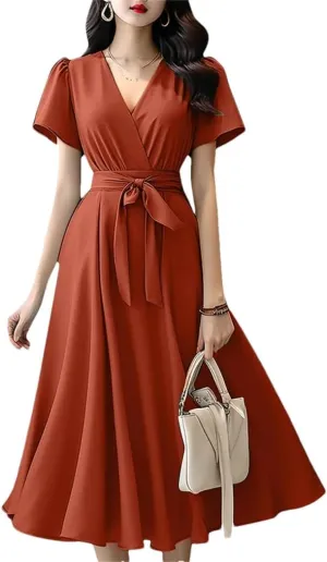Women Short Sleeve A-Line Dresses Fashion Solid Color Holiday Belted Vestidos V Neck Midi Sundress