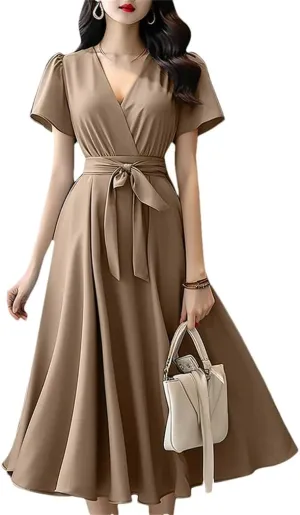 Women Short Sleeve A-Line Dresses Fashion Solid Color Holiday Belted Vestidos V Neck Midi Sundress