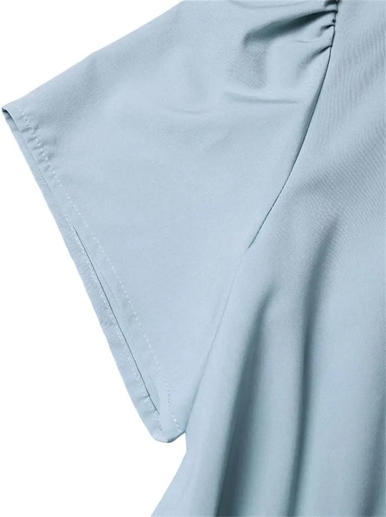 Women Short Sleeve A-Line Dresses Fashion Solid Color Holiday Belted Vestidos V Neck Midi Sundress