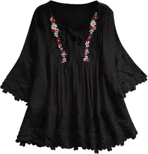 Women Short Sleeve Cotton Linen Shirt Casual V-Neck Oversized T-Shirt Floral Loose Fit Summer Tshirt