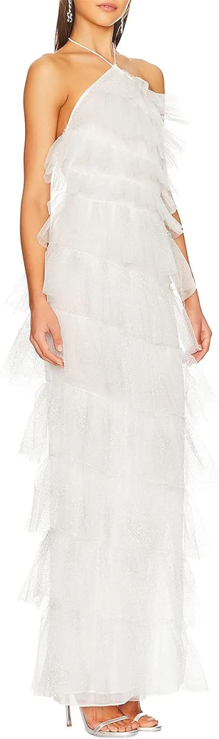 Women Spaghetti Strap Maxi Dress Low Cut Slim Long Dress Y2K Irregular Tassels Bodycon Backless Sheer Mesh Dress
