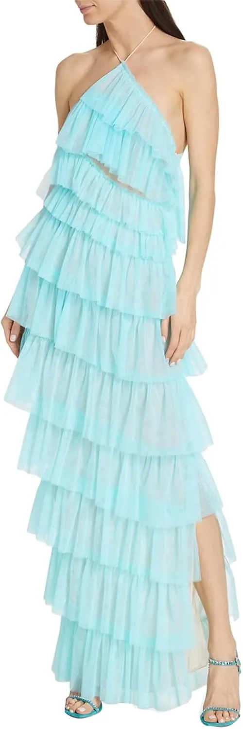 Women Spaghetti Strap Maxi Dress Low Cut Slim Long Dress Y2K Irregular Tassels Bodycon Backless Sheer Mesh Dress