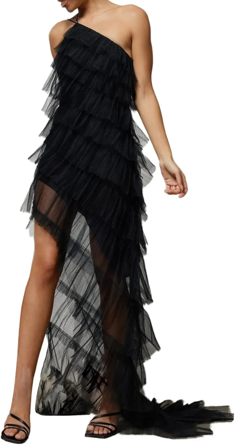 Women Spaghetti Strap Maxi Dress Low Cut Slim Long Dress Y2K Irregular Tassels Bodycon Backless Sheer Mesh Dress
