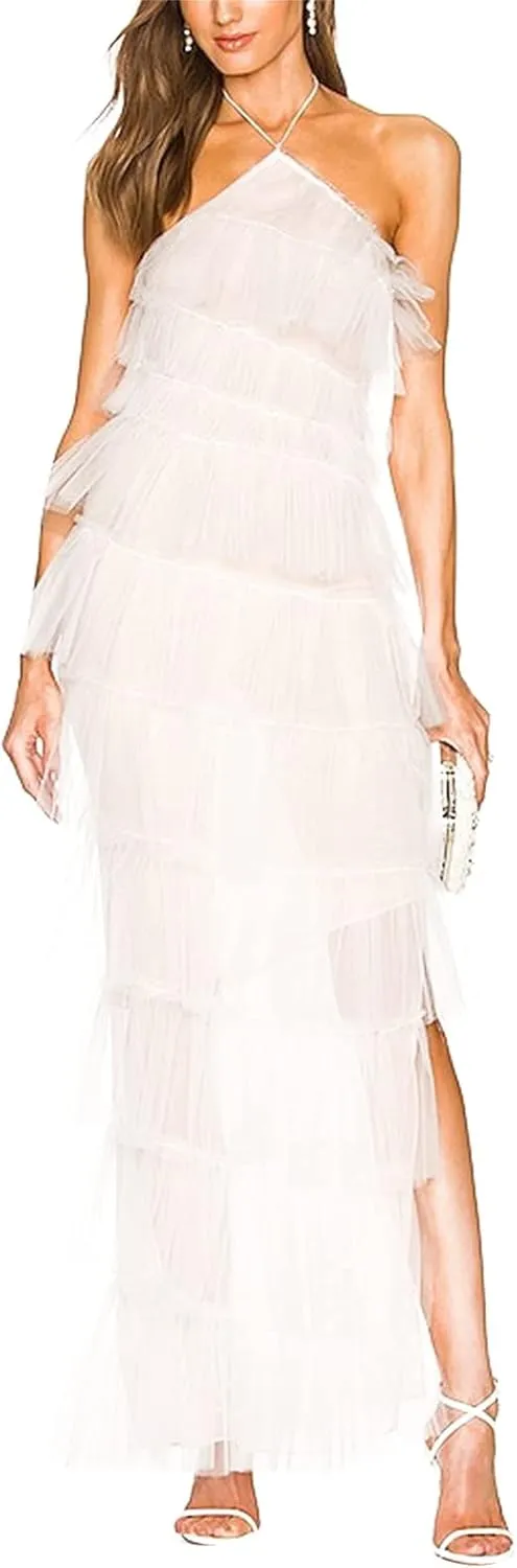 Women Spaghetti Strap Maxi Dress Low Cut Slim Long Dress Y2K Irregular Tassels Bodycon Backless Sheer Mesh Dress
