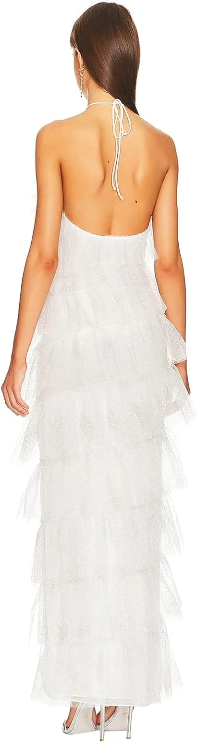 Women Spaghetti Strap Maxi Dress Low Cut Slim Long Dress Y2K Irregular Tassels Bodycon Backless Sheer Mesh Dress