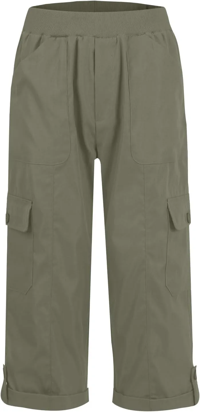 Women Stretch Twill Capri Pants High Waist Baggy Straight Leg Chino Capris Multi Pockets Outdoor Hiking Cropped Pants