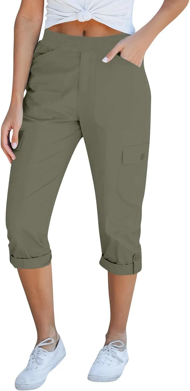 Women Stretch Twill Capri Pants High Waist Baggy Straight Leg Chino Capris Multi Pockets Outdoor Hiking Cropped Pants