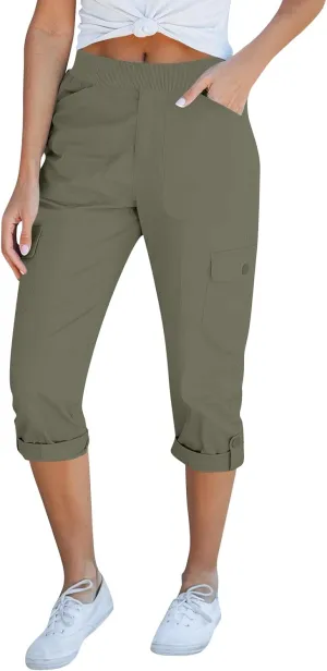 Women Stretch Twill Capri Pants High Waist Baggy Straight Leg Chino Capris Multi Pockets Outdoor Hiking Cropped Pants