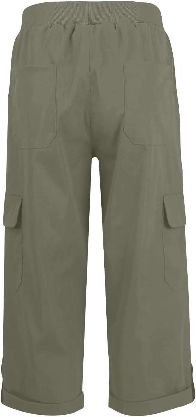 Women Stretch Twill Capri Pants High Waist Baggy Straight Leg Chino Capris Multi Pockets Outdoor Hiking Cropped Pants
