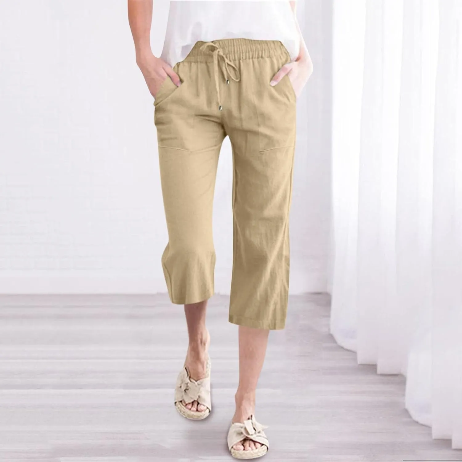 Women Wide Leg Cotton Linen Pants Summer High Waist Palazzo Pants Comfy Solid Trousers with Pocket