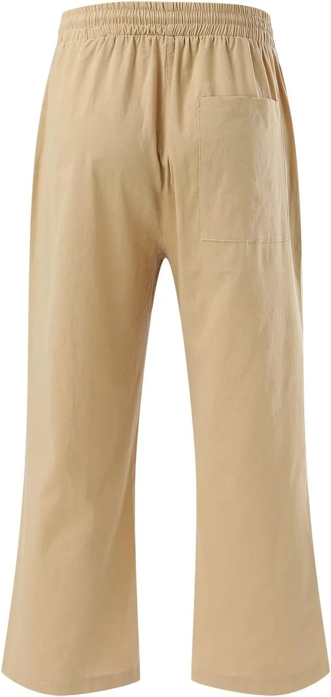 Women Wide Leg Cotton Linen Pants Summer High Waist Palazzo Pants Comfy Solid Trousers with Pocket
