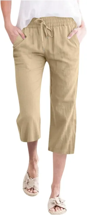 Women Wide Leg Cotton Linen Pants Summer High Waist Palazzo Pants Comfy Solid Trousers with Pocket