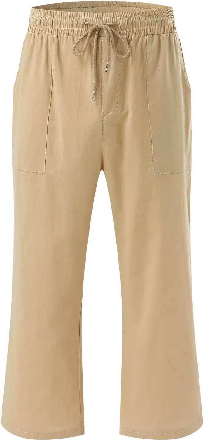 Women Wide Leg Cotton Linen Pants Summer High Waist Palazzo Pants Comfy Solid Trousers with Pocket