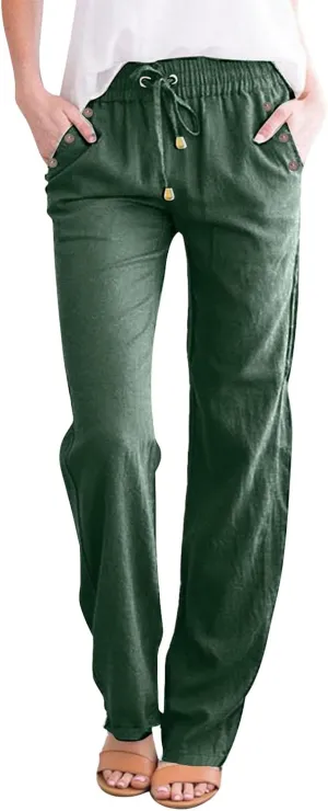 Women Wide Leg Linen Pants Beach Casual High Elastic Waisted Palazzo Pant Baggy Button Trouser with Pocket