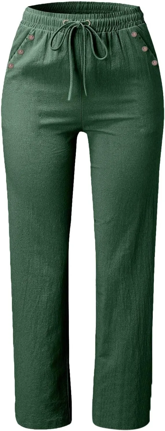 Women Wide Leg Linen Pants Beach Casual High Elastic Waisted Palazzo Pant Baggy Button Trouser with Pocket