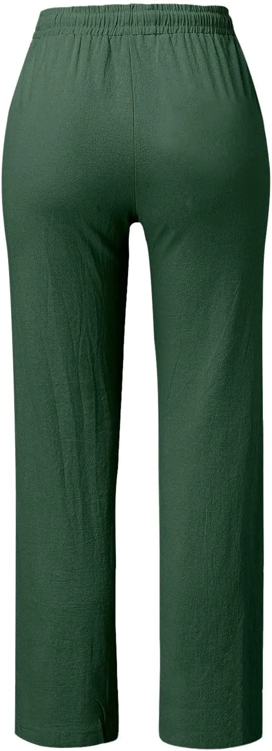 Women Wide Leg Linen Pants Beach Casual High Elastic Waisted Palazzo Pant Baggy Button Trouser with Pocket