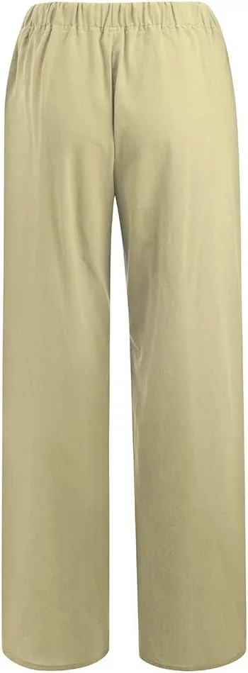 Women Wide Leg Linen Pants Casual Elastic High Waisted Palazzo Pant Long Pull On Trousers with Pocket