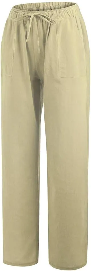 Women Wide Leg Linen Pants Casual Elastic High Waisted Palazzo Pant Long Pull On Trousers with Pocket