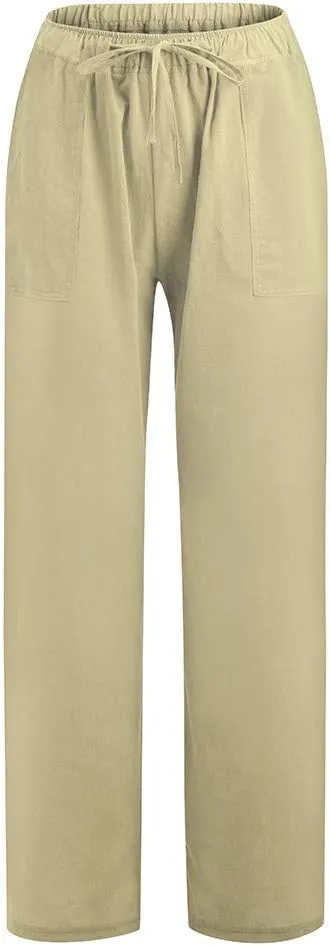 Women Wide Leg Linen Pants Casual Elastic High Waisted Palazzo Pant Long Pull On Trousers with Pocket