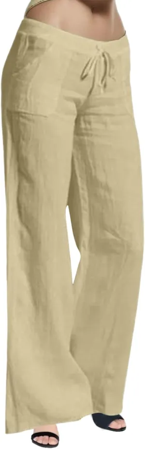 Women Wide Leg Linen Pants Casual Elastic High Waisted Palazzo Pant Long Pull On Trousers with Pocket
