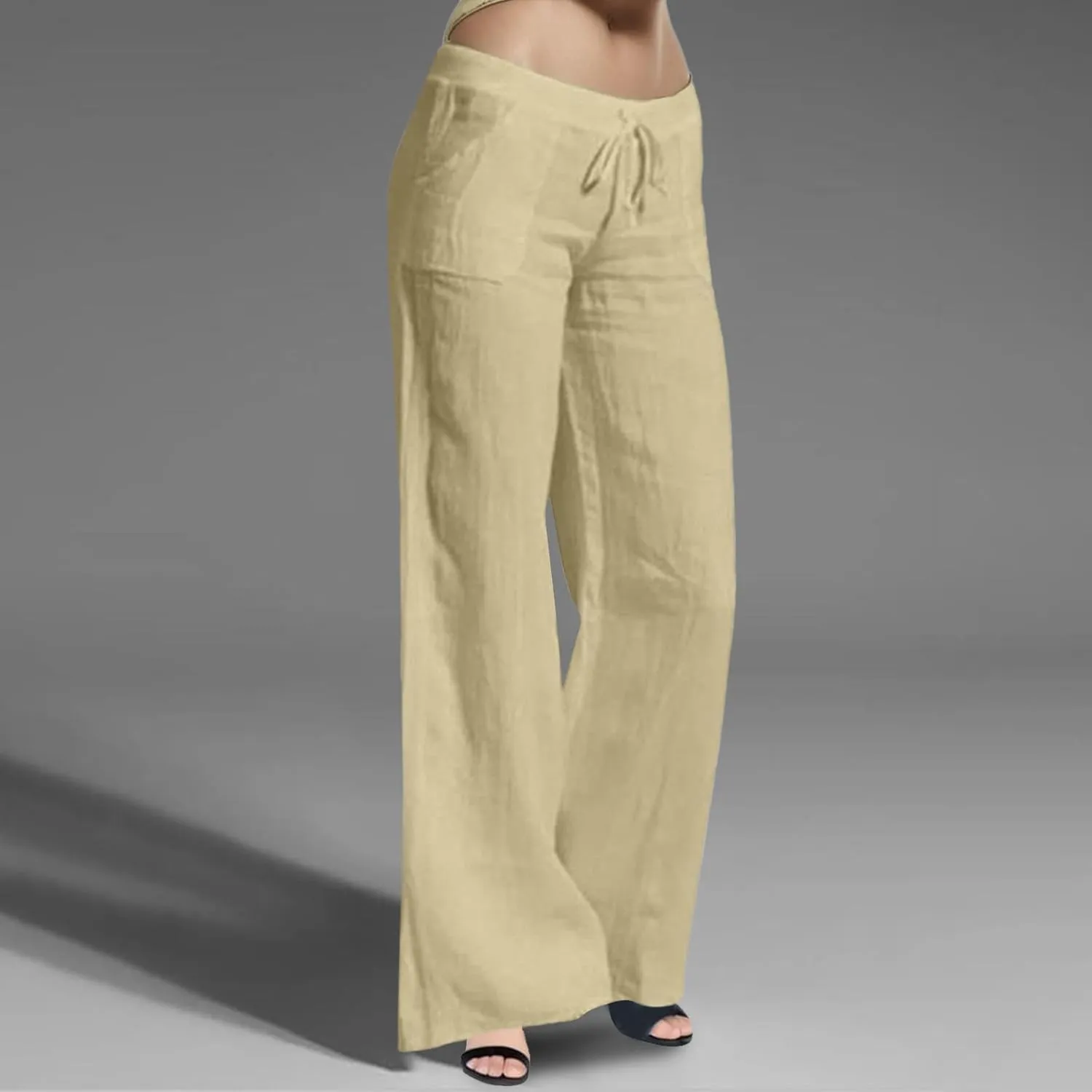 Women Wide Leg Linen Pants Casual Elastic High Waisted Palazzo Pant Long Pull On Trousers with Pocket